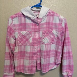 SO Pink and White Plaid Button Down Hoodie